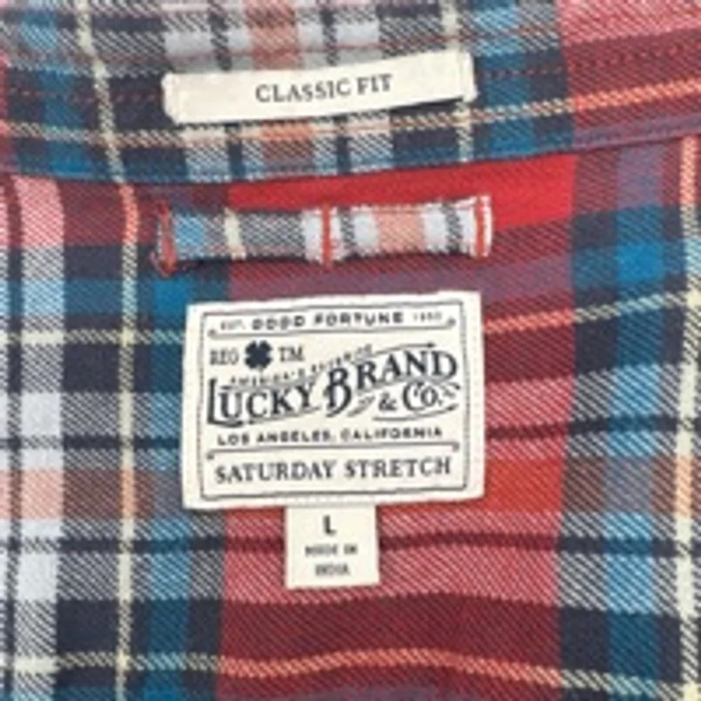 Men's LUCKY BRAND Plaid Flannel Shirt Size L Red Rust Blue - Picture 3 of 9